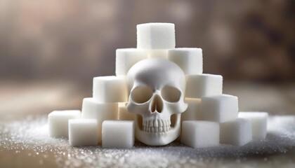 A skull made of sugar cubes warns of the dangers of excessive sweetness. The arrangement speaks to the potential harm of sugar, presenting a stark message with a visual metaphor. - Powered by Adobe