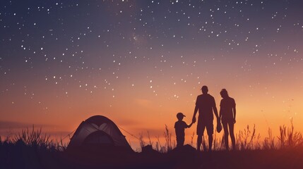 Backlit silhouette of a family camping under the stars on July 4th