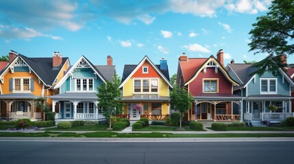 A row of colorful houses with a blue sky in the background. The houses are of different colors and styles, and they are all lined up along a street. Scene is cheerful and inviting