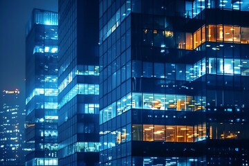 Obraz premium Pattern of office buildings windows illuminated at night. Glass architecture ,corporate building at night - business concept. Pattern of office buildings windows illuminated at night. generative ai.