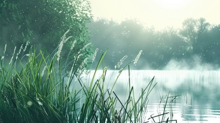 Cattail swaying in the breeze beside a lake