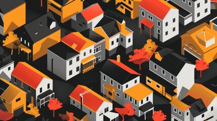 Naklejka premium A black and orange drawing of a neighborhood with houses of different sizes. The houses are all painted in different colors