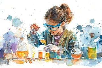 A fantastic watercolor of a young scientist discovering a new element, styled as a simple clipart isolated white background