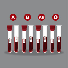 Vector illustration of different blood types in test tube flat vector design, Medical care concept illustration.