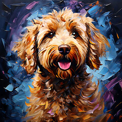 Labradoodle portrayed in oil painting, Impasto technique with palette knife strokes, inspired by renowned artists, dramatic lighting and intricate details