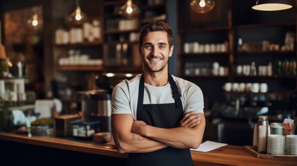 Fototapeta premium Portrait of a handsome barista in white t-shirt and apron standing at the bar of the modern cafe