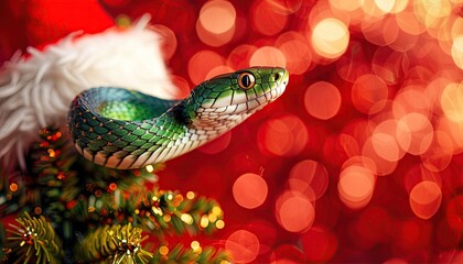 Fototapeta premium A green snake on the background of a red New Year's bokeh and a Santa hat.