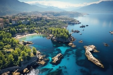 Obraz premium Monaco landscape. Stunning Aerial View of Coastal Cityscape with Turquoise Waters and Lush Greenery.