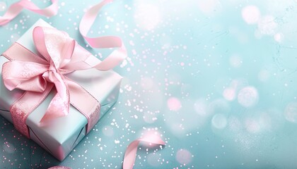 Fototapeta premium A blue beautiful gift box tied pink with a ribbon, on a background with a place for text