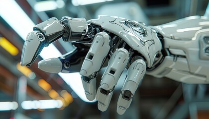 Fototapeta premium The robot is working on a computer in a cozy office interior