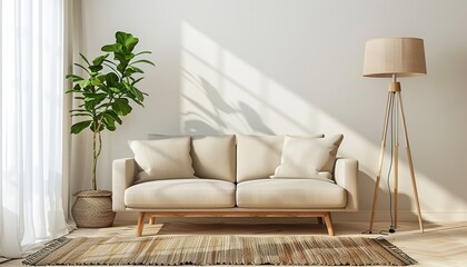 Fototapeta premium A mockup is a soft cozy beige sofa with a plant and a lamp on the background of an empty wall, a mockup for the interior, a mockup for a painting.