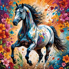 A painting of a horse adorned with beautiful flowers against a colorful backdrop.