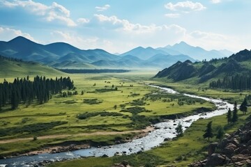 Fototapeta premium Mongolia landscape. Serene Mountain Landscape with Winding River and Lush Green Valley.
