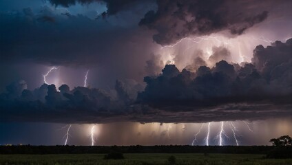 Brilliant flash of lightning illuminates the darkened sky, heralding a thunderstorm.