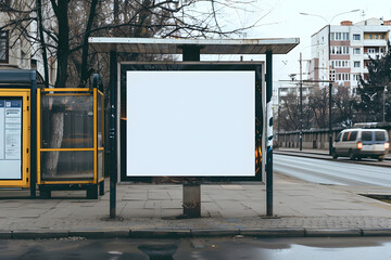 Blank billboard with copy space for your text message or content, public information board on roadside, advertising mock up empty banner in urban areas on a bus stop mock up. Generative Ai.