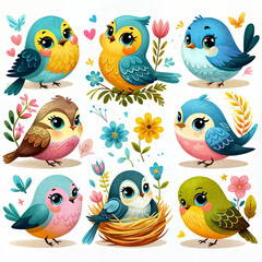 Spring birds template in bright color with big eyes. On light background for postcards, banners, backgrounds. 