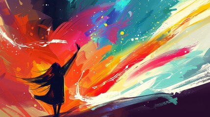 Colorful abstract design with a graduate reaching for the stars