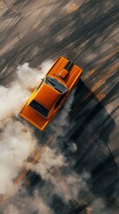  Drift, Aerial View of Professional Driver Executing a Perfect Drift on Asphalt Track orange car