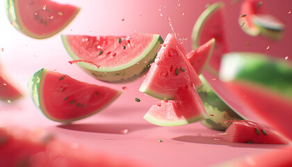 Slices of fresh juicy watermelon falling on pink background