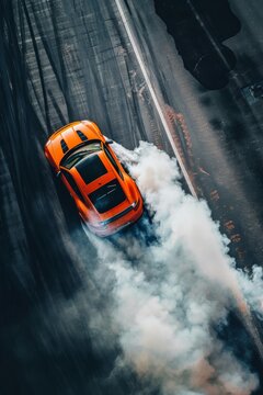  Drift, Aerial View of Professional Driver Executing a Perfect Drift on Asphalt Track orange car