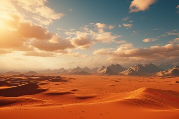 Fototapeta premium Generative AI. Majestic Sunset Over Expansive Desert Landscape with Snow-Capped Mountains.