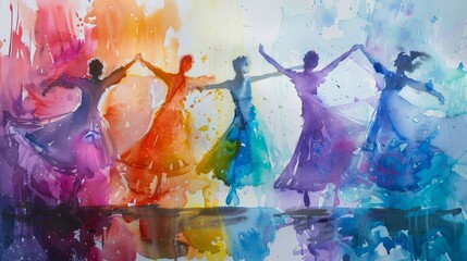 Colorful watercolor painting capturing the energy and vitality of dance