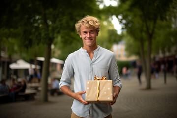 Young handsome blonde man at outdoors holding a gift