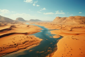 Fototapeta premium Generative AI. United Arab Emirates landscape. Serene Desert River Oasis with Blue Sky and Golden Sand Dunes.