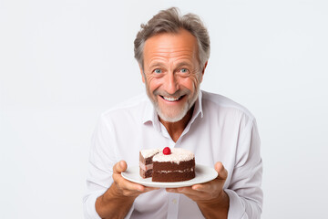 Middle aged man over isolated white background holding cake