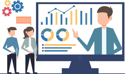 Flat design modern vector illustration concept of business analysis presentation, consulting, project management