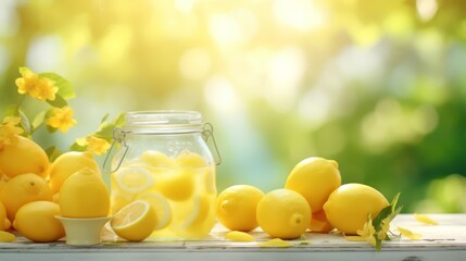 A jar of lemonade sits on a table with several lemons