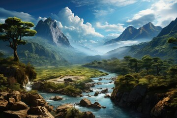 Generative AI. Venezuela landscape. Majestic Mountain Landscape with Lush Forest and Flowing River.