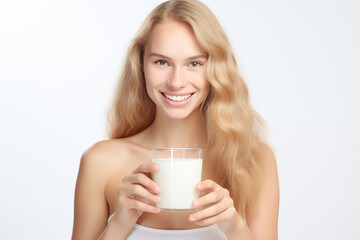 Young pretty blonde girl over isolated white background having breakfast milk