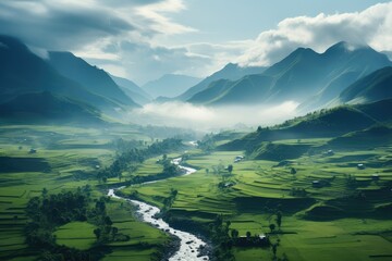 Generative AI. Vietnam landscape. Majestic Morning Mist Over Serene River and Lush Green Valley.