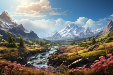 Generative AI. United States of America landscape. Enchanting Mountain Valley Landscape with Serene River and Flowering Meadows.