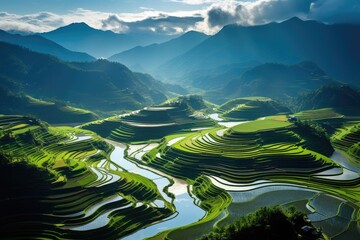 Generative AI. Vietnam landscape. Majestic Terraced Rice Fields Illuminated by Sunlight in Valley.