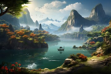 Generative AI. Vietnam landscape. Majestic Mountain Landscape with Serene River and Lush Forests.