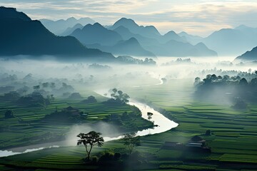 Generative AI. Vietnam landscape. Misty Morning in Lush Green Rice Terraces with River and Mountains.