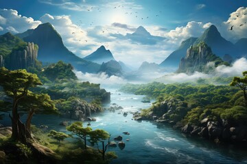 Generative AI. Vietnam landscape. Majestic River Flowing Through Verdant Mountain Landscape Under Blue Sky.