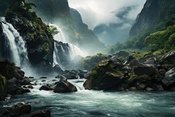 Generative AI. Majestic Waterfall in Lush Mountain Valley with Rapid River.