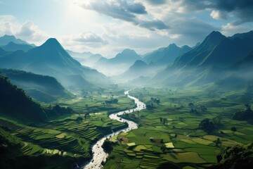 Generative AI. Vietnam landscape. Serene Mountain Valley Landscape with Lush Green Fields and Meandering River.