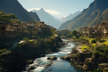 Generative AI. Yemen landscape. Serene Mountain Village by River with Lush Green Landscape.