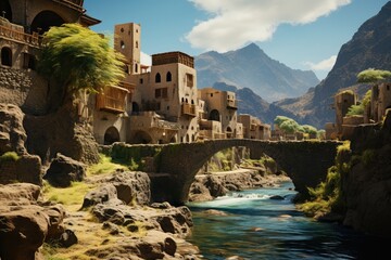 Generative AI. Yemen landscape. Majestic Ancient Mountain Village with Stone Bridge and Flowing River.