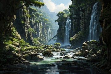 Generative AI. Majestic Waterfalls Cascading into a Tranquil Forest River.