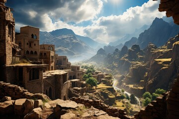 Generative AI. Yemen landscape. Majestic Ancient Village Nestled in Mountain Valley under Sunlight.