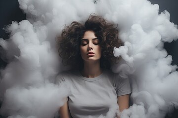 Generative AI. Dreamy Woman Surrounded by Soft White Clouds in a Mystic Atmosphere.