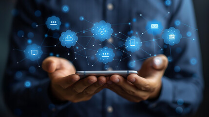 the man holding the smartphone with infographic of caht popup message showing,