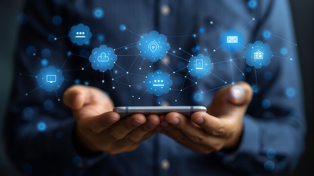 the man holding the smartphone with infographic of caht popup message showing,