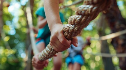 The image shows a person holding onto a rope in an outdoor ropes course. The ropes course is surrounded by trees.