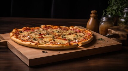 Freshly baked pizza on a wooden tray. Pizzeria. AI generative.